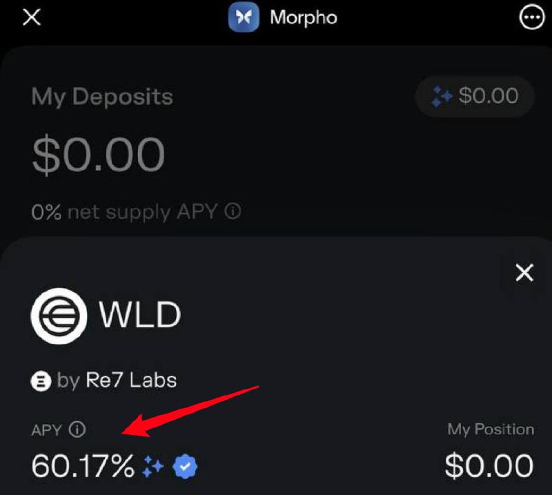 #wld友情提示目前还持有WLD 世界币的朋友，可以在官方应用的小程序里找到Morpho 小程序，目前世界币的APY是 60%，可以坐享收益
