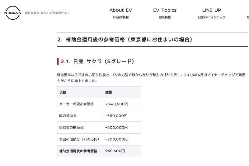 东京EV 补贴后，日产的サクラ甚至不到 100 万