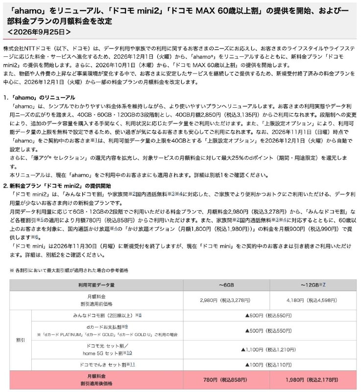 ahamo调整月费，并升级为40GB・60GB・120GB的三级制计划・40GB以下，含税3,135日元・40GB超60GB以下，含税4,125日元・60GB超120GB以下，含税5,115日元