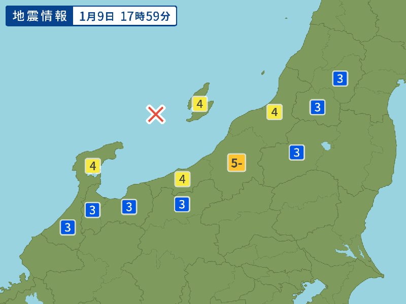 2024年1月9日17時59分 佐渡附近 发生5弱地震